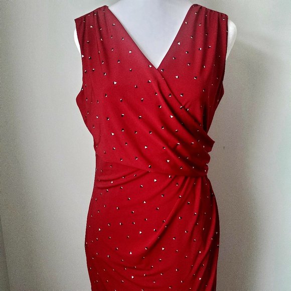 LE CHATEAU Y2K Red Faux Wrap Dress Gathered Detailing Small Geo Patten MEDIUM - Picture 2 of 8
